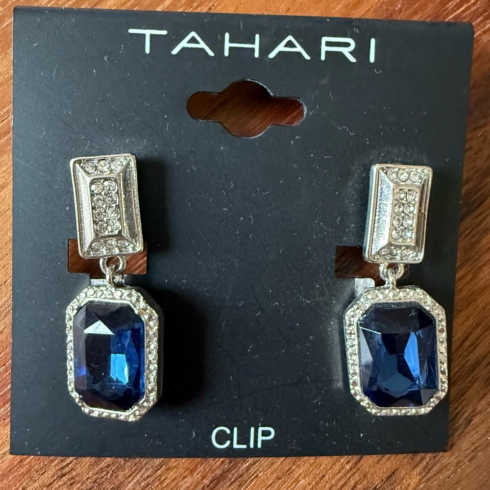 Tahari Silver Tone and Deep Blue Rhinestone Pive Pierced Earrings